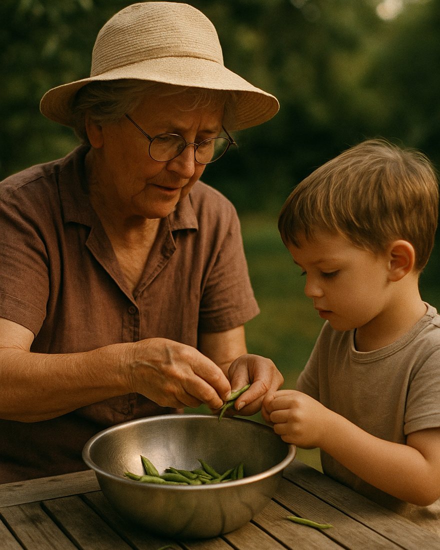 Eine Großmutter von etwa fünfundsiebzig Jahren zeigt einem kleinen Jungen, wie man grüne Bohnen putzt, an einem Gartentisch, eine Metallschüssel zwischen ihnen, Sommerlicht