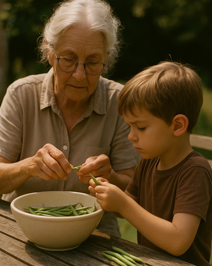 Une grand-mère d'environ soixante-quinze ans montre à un petit garçon comment équeuter des haricots verts sur une table de jardin, un saladier entre eux, lumière d'été