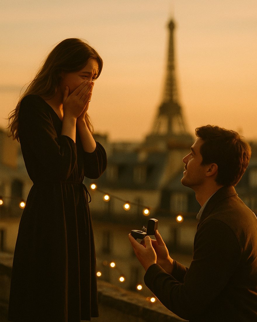 Un jeune homme à genoux demande une femme en mariage sur un toit parisien au coucher du soleil, elle a les deux mains sur la bouche, des guirlandes lumineuses derrière eux