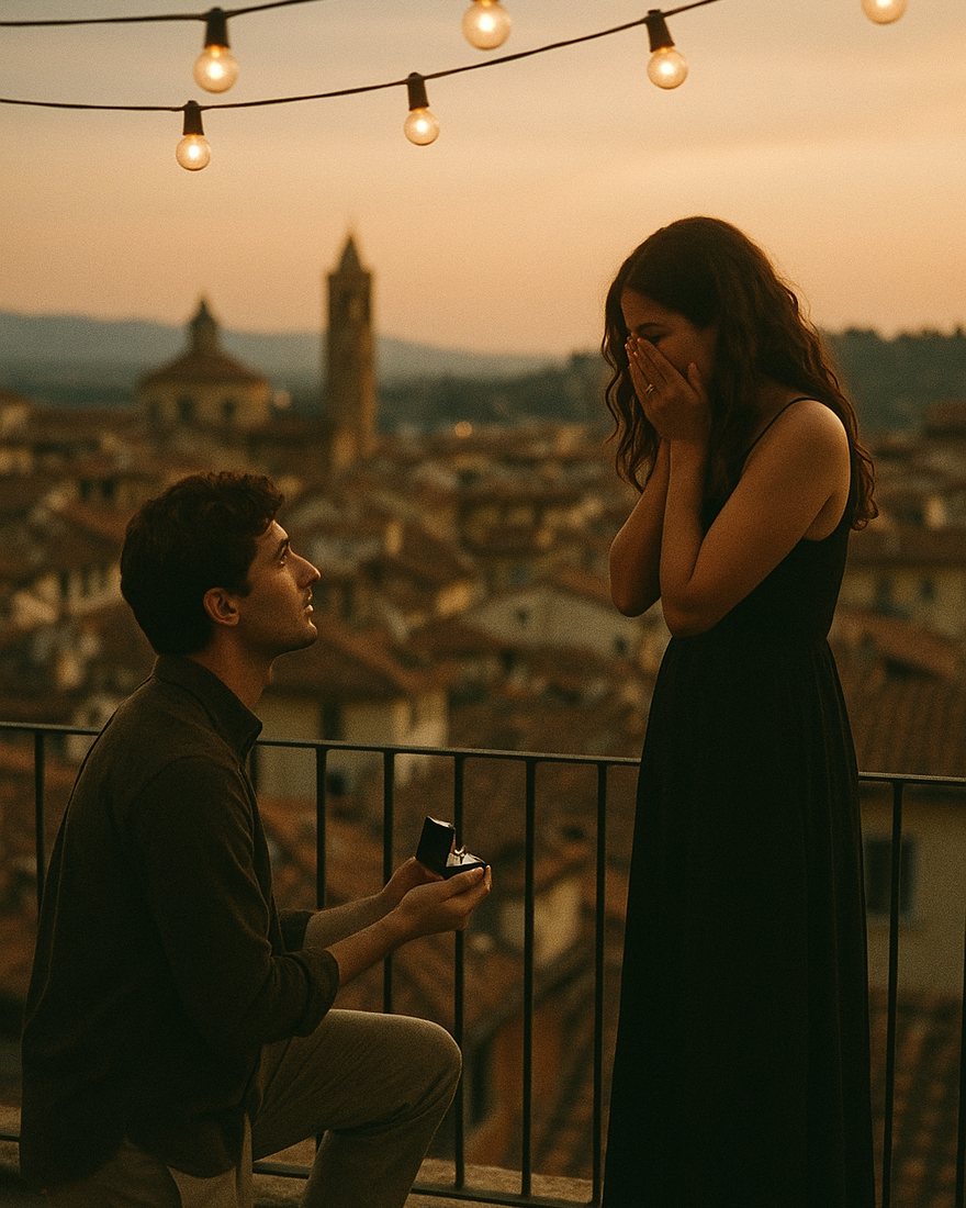 Un ragazzo in ginocchio fa la proposta di matrimonio su una terrazza sopra i tetti di una città italiana al tramonto, lei con le mani sulla bocca, luci a festone dietro di loro